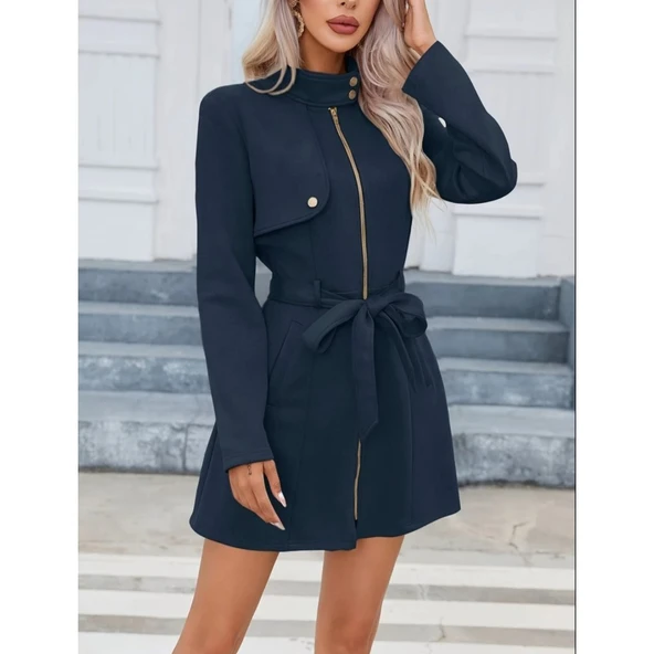 Lucky Life Kadın Uzun Kollu Boyundan Düğmeli Fermuarlı Beli Kuşaklı Süet Ceket