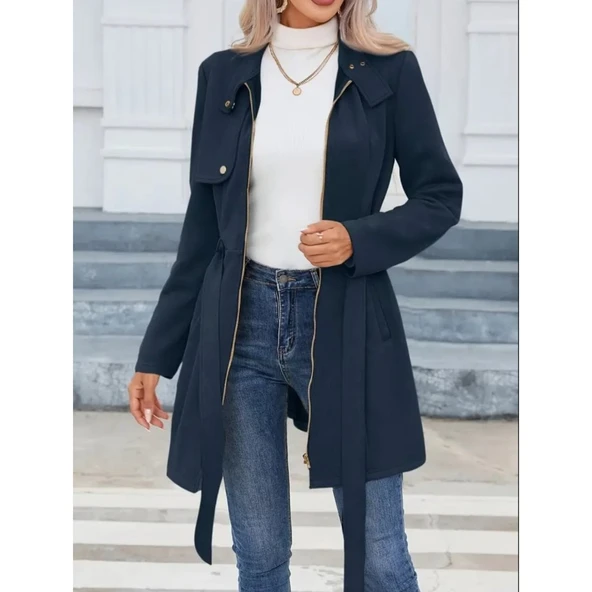 Lucky Life Kadın Uzun Kollu Boyundan Düğmeli Fermuarlı Beli Kuşaklı Süet Ceket - 3