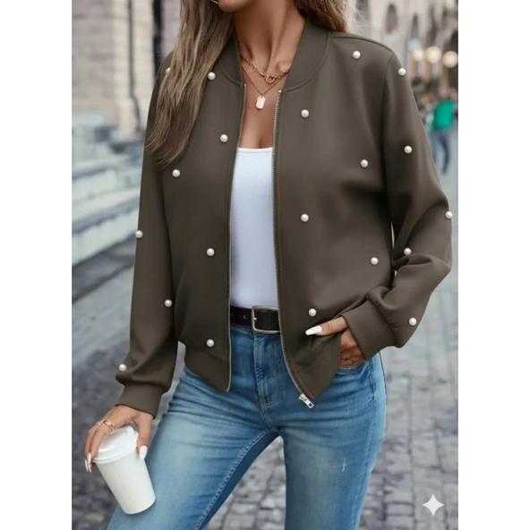 Lucky Life Kadın Uzun Kollu önden Fermuarlı Incili Kısa Modal Ceket ürün görseli 1