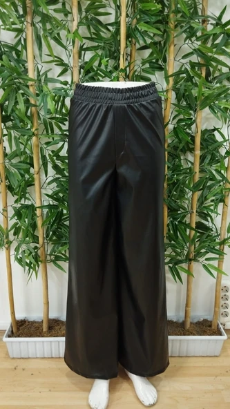 Lucky Life Kadın Yüksek Bel Beli Lastikli Geniş Paçalı Deri Pantolon - Resim 8