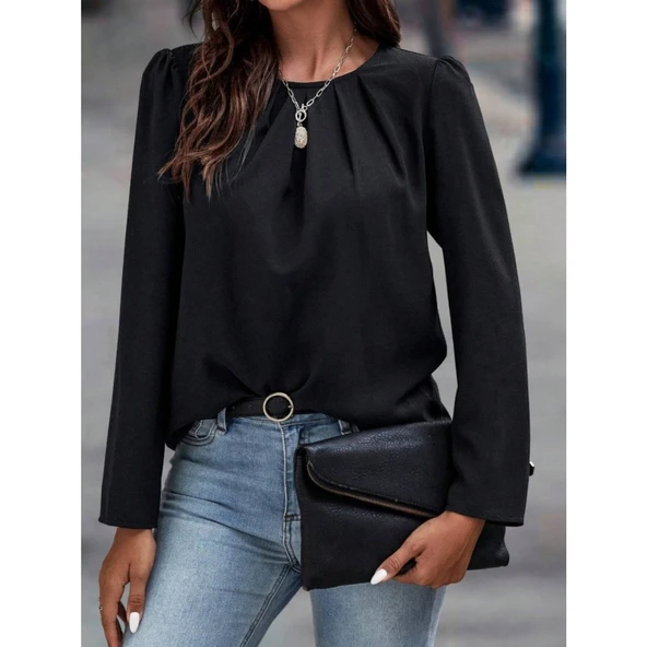 Lucky Life Kadın Uzun Kollu Yuvarlak önden Pileli Ithal Krep Bluz - 5