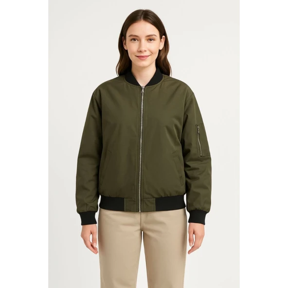Içi Astarlı Fermuarlı Lucky Life Bomber Mont Ceket - Haki - 3