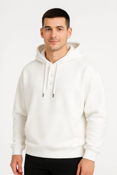 Lucky Life Erkek Ovarsize Kapüşonlu Swetshirt Kanguru Çepli Cıtcıtlı 3 Iplik Şardonlu Hoodie - Beyaz - 1
