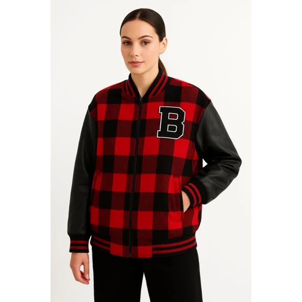 Lucky Life Kolları Suni Deri Içi Astarlı Oduncu Kolej Içi Ceket - Bordo - 3