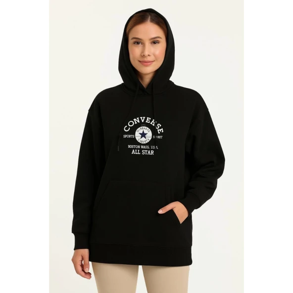 Lucky Life Üç İplik Kapşonlu ön Ve Arka Baskılı SweatShirt Hoodie- Siyah - 4