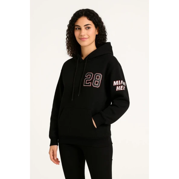 Lucky Life Üç İplik Kapüşonlu Ön Ve Arka Baskılı SweatShirt Hoodie - Siyah - 4