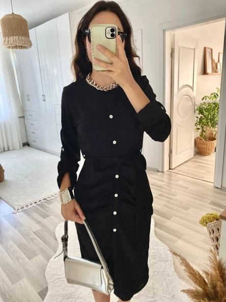 Lucky Life Kadın Uzun Kollu önden Düğmeli Beli Kuşaklı Aerobin Midi Elbise - Resim 7