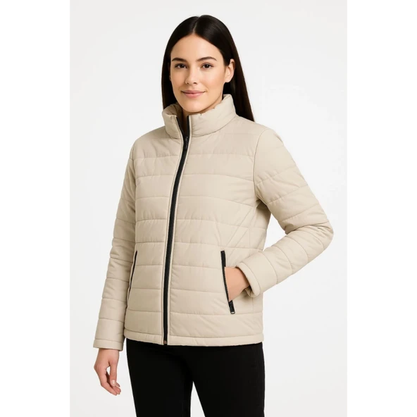 Lucky Life Bomber Mont Ceket – Su İtici Kumaş, Kapitone Astarlı, Fermuarlı, Kışlık - Bej - 4