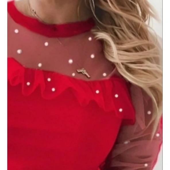 Lucky Life Kadın Uzun Kollu Inci Detaylı Tüllü Viskon Bluz - 3