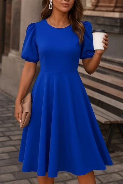 Lucky Life Kadın Kısa Balon Kollu Bisiklet Yaka Geniş Kesim Janjan Krep Elbise - Resim 2