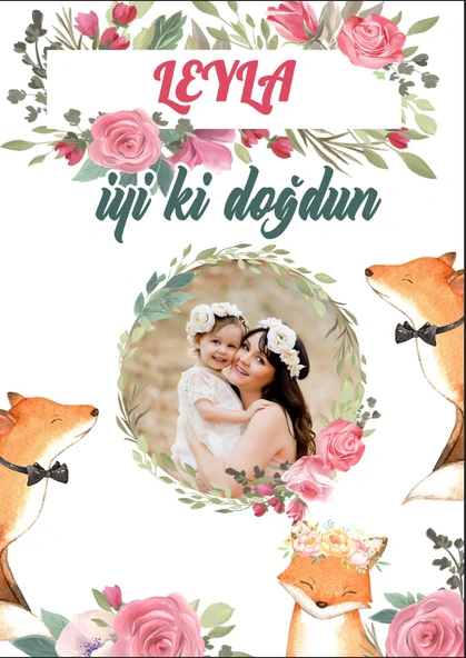 Çiçekler ve Tilki Temalı Doğum Günü Afişi - 70x100 Cm ürün görseli