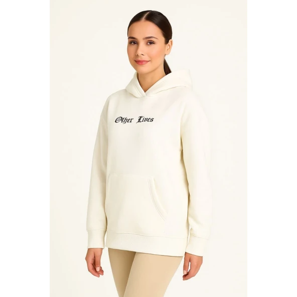 Lucky Life Üç İplik Kapşonlu ön Ve Arka Baskılı SweatShirt Hoodie- Beyaz - 5