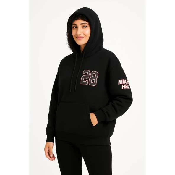 Lucky Life Üç İplik Kapüşonlu Ön Ve Arka Baskılı SweatShirt Hoodie - Siyah - 3