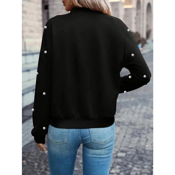 Lucky Life Kadın Uzun Kollu önden Fermuarlı Incili Kısa Modal Ceket - 4