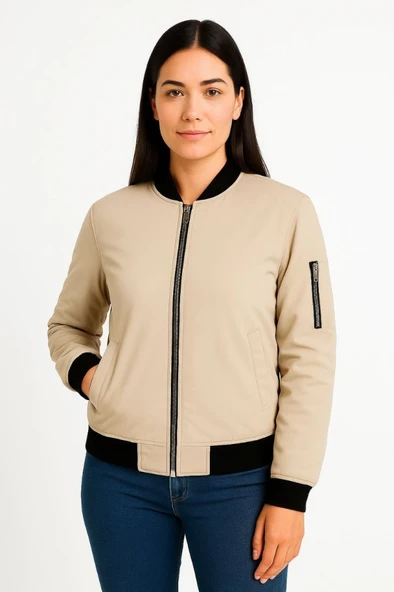 Içi Astarlı Fermuarlı Lucky Life Bomber Mont Ceket - Bej - 4