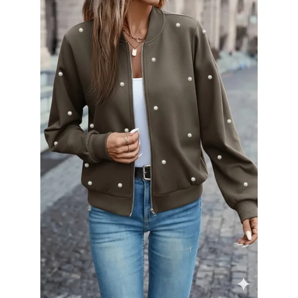 Lucky Life Kadın Uzun Kollu önden Fermuarlı Incili Kısa Modal Ceket - Resim 2