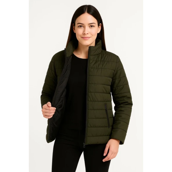 Lucky Life Bomber Mont Ceket – Su İtici Kumaş, Kapitone Astarlı, Fermuarlı, Kışlık - Haki - 2