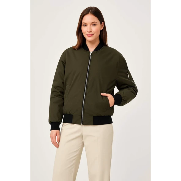 Içi Astarlı Fermuarlı Lucky Life Bomber Mont Ceket - Haki - 2
