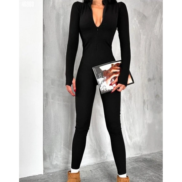 Lucky Life Kadın Uzun Kollu V Yaka Parmak Geçirmeli Detay Kaşkorse Tulum - 2