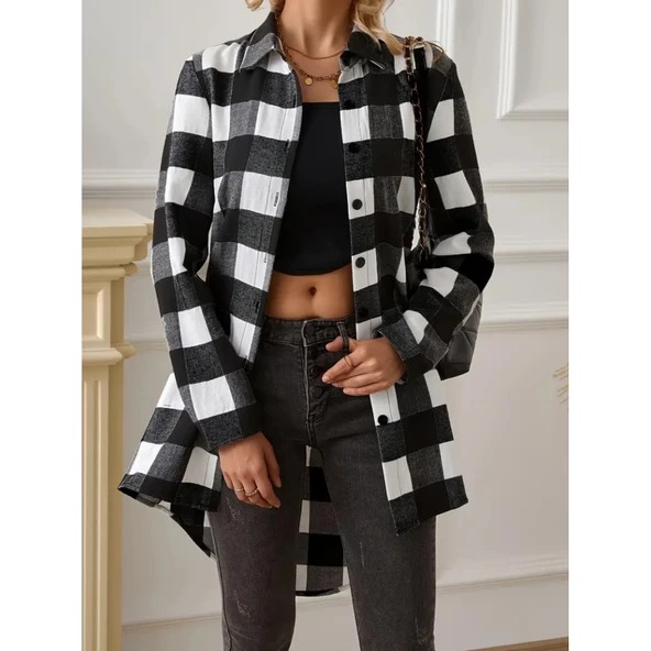 Lucky Life Kadın Uzun Kollu Ekoseli önden Düğmeli Dokuma Uzun Gömlek - 2