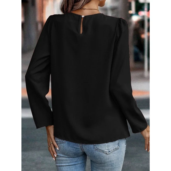 Lucky Life Kadın Uzun Kollu Yuvarlak önden Pileli Ithal Krep Bluz - 4