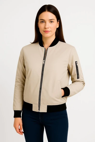 Içi Astarlı Fermuarlı Lucky Life Bomber Mont Ceket - Bej - 3