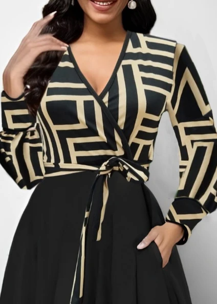 Lucky Life Kadın Uzun Kollu Kruvaze Yaka Dalgıç Krep Midi Boy Elbise ürün görseli 1