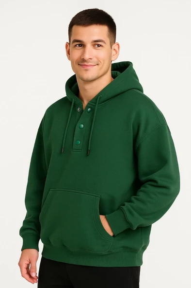 Lucky Life Erkek Ovarsize Kapüşonlu Swetshirt Kanguru Çepli Cıtcıtlı 3 Iplik Şardonlu Hoodie - Haki - Resim 5