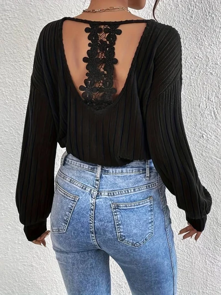 Lucky Life Kadın Uzun Kollu V Yakalı Pencere Sırt Dantel Detaylı Kalın Fitilli Kaşkorse Bluz - Resim 2