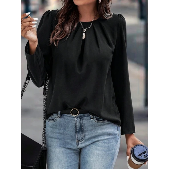 Lucky Life Kadın Uzun Kollu Yuvarlak önden Pileli Ithal Krep Bluz