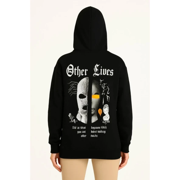 Lucky Life Üç İplik Kapşonlu ön Ve Arka Baskılı SweatShirt Hoodie- Siyah ürün görseli 1