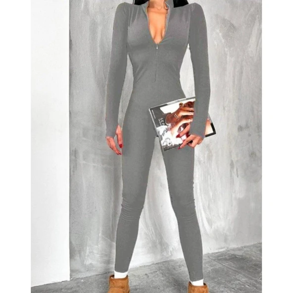 Lucky Life Kadın Uzun Kollu V Yaka Baş Parmak Geçirmeli Detay Kaşkorse Tulum - 3