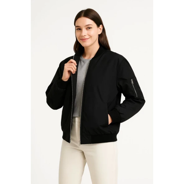 Içi Astarlı Fermuarlı Lucky Life Bomber Mont Ceket - Siyah - 2