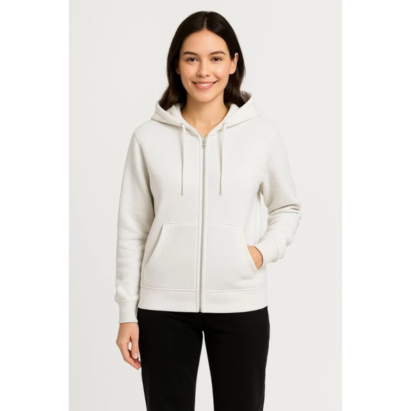 Lucky Life Üç İplik Kapüşonlu Tam Fermuarlı Kanguru Çepli SweatShirt Hoodie - Beyaz - 4