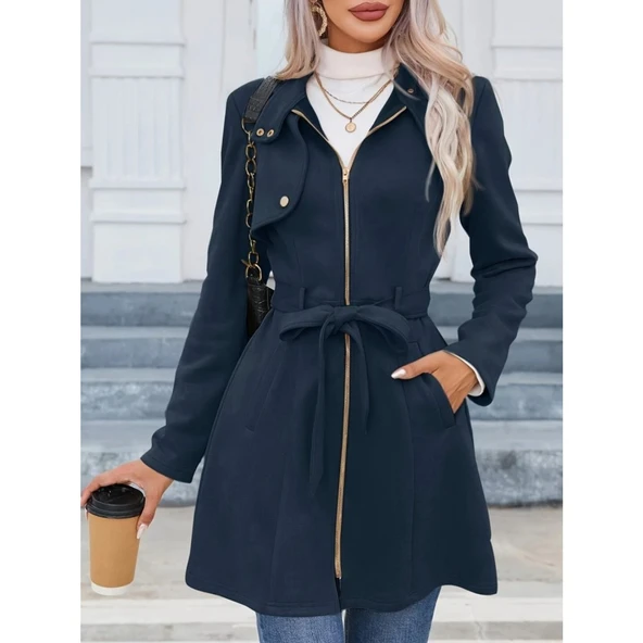 Lucky Life Kadın Uzun Kollu Boyundan Düğmeli Fermuarlı Beli Kuşaklı Süet Ceket - 2