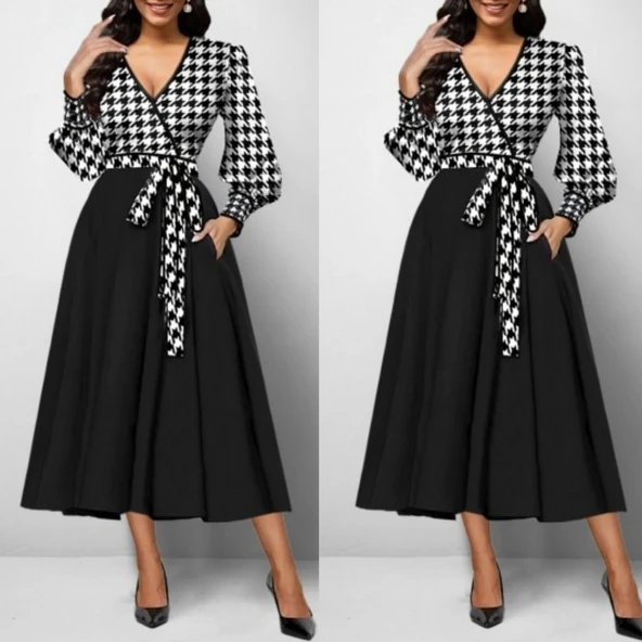 Lucky Life Kadın Uzun Kollu Kruvaze Yaka Dalgıç Krep Midi Boy Elbise - Resim 3