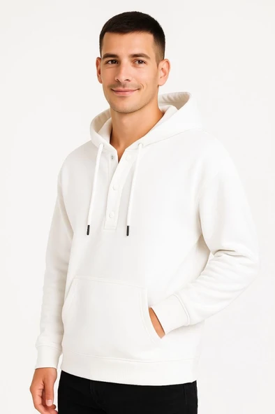 Lucky Life Erkek Ovarsize Kapüşonlu Swetshirt Kanguru Çepli Cıtcıtlı 3 Iplik Şardonlu Hoodie - Beyaz - 4