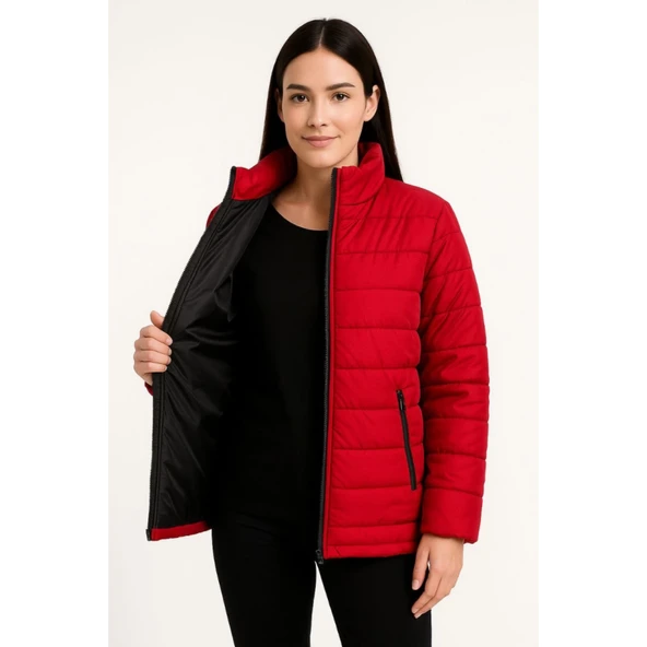 Lucky Life Bomber Mont Ceket – Su İtici Kumaş, Kapitone Astarlı, Fermuarlı, Kışlık - Kırmızı - 2