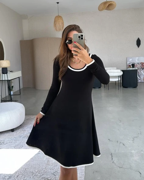 Lucky Life Kadın Uzun Kollu Yuvarlak Yaka Midi Viskon Iki Iplik Elbise - Resim 3