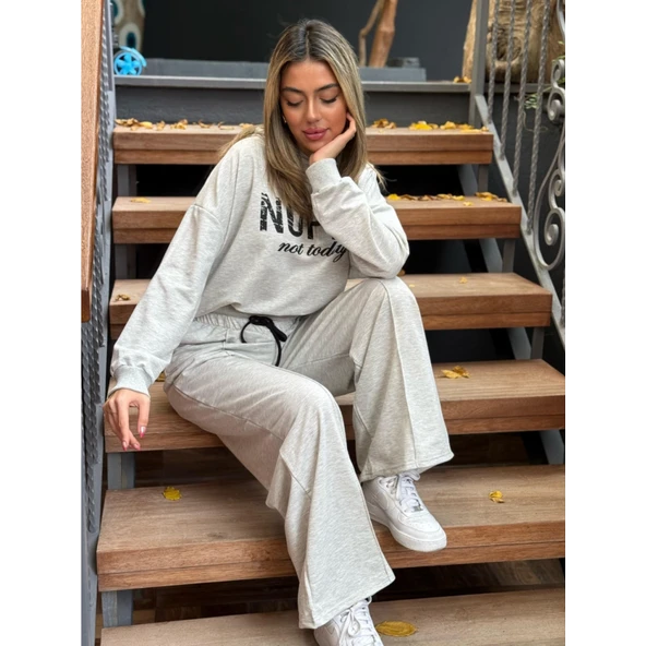 Lucky Life Kadın Uzun Kollu Nope Baskılı Beli Ribanalı Ikili Takım - 8