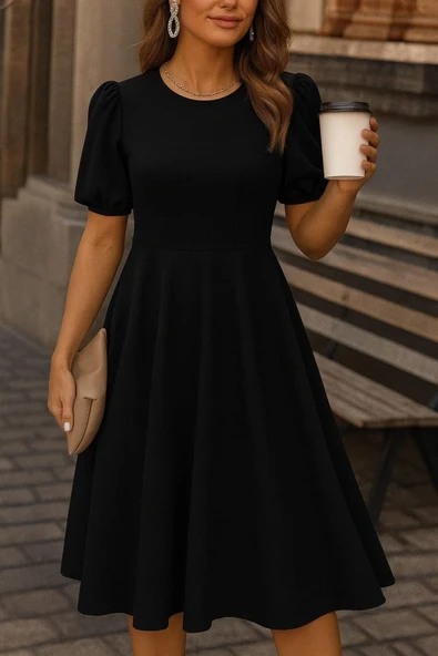 Lucky Life Kadın Kısa Balon Kollu Bisiklet Yaka Geniş Kesim Janjan Krep Elbise ürün görseli 1