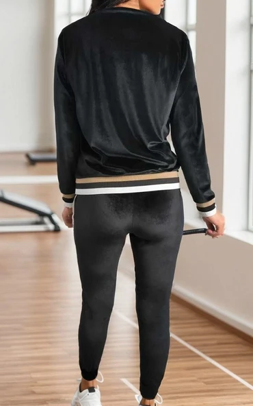 Lucky Life Kadın Uzun Kollu V Yaka Yakası Ve Kol Ağzı şerit Detay Kadife Takım - Resim 6