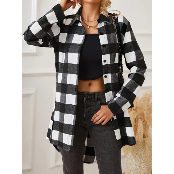 Lucky Life Kadın Uzun Kollu Ekoseli önden Düğmeli Dokuma Uzun Gömlek - 3