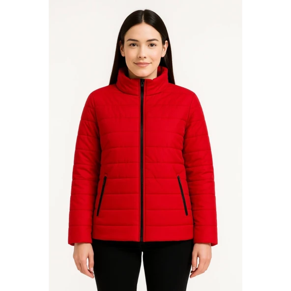 Lucky Life Bomber Mont Ceket – Su İtici Kumaş, Kapitone Astarlı, Fermuarlı, Kışlık - Kırmızı - 3