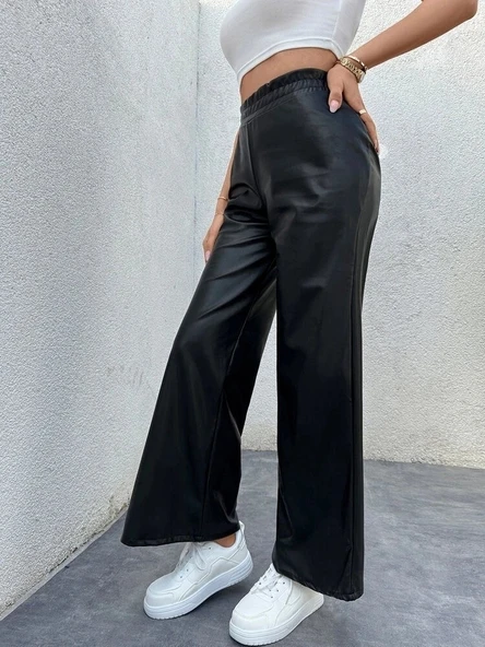 Lucky Life Kadın Yüksek Bel Beli Lastikli Geniş Paçalı Deri Pantolon - Resim 5