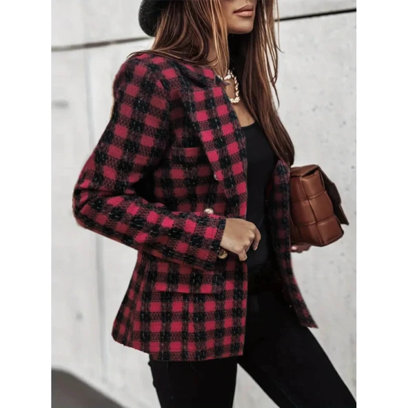 Lucky Life Kadın Uzun Kollu Yakalı Kare Desenli Ekoseli Düğmeli Ceket - 3