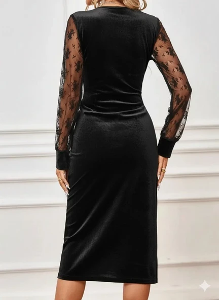 Lucky Life Kadın Uzun Kollu Kruvaze Yakalı Yandan Düğmeli önden çapraz Kesin Detaylı Midi Kadife Elbise - Resim 3