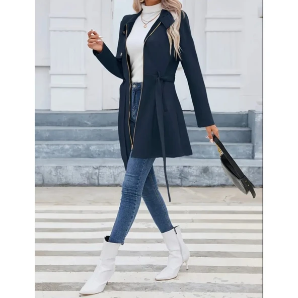 Lucky Life Kadın Uzun Kollu Boyundan Düğmeli Fermuarlı Beli Kuşaklı Süet Ceket - 4