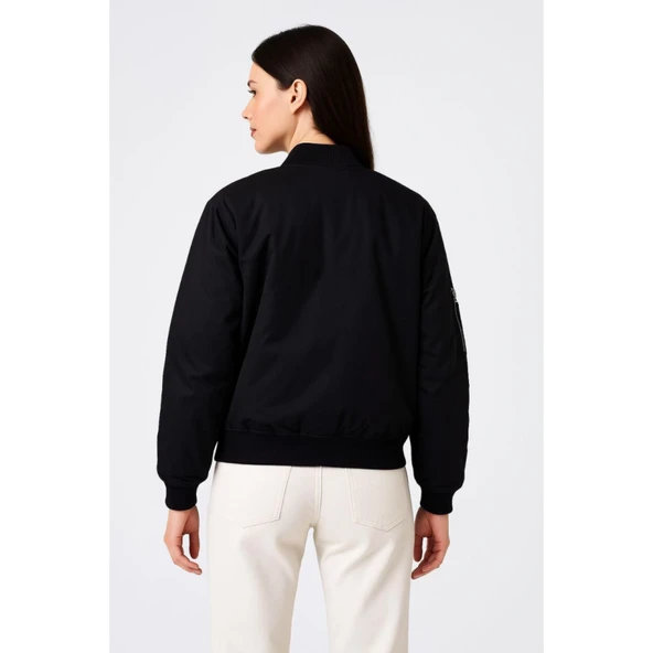 Içi Astarlı Fermuarlı Lucky Life Bomber Mont Ceket - Siyah