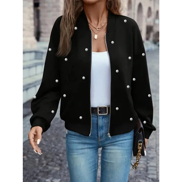 Lucky Life Kadın Uzun Kollu önden Fermuarlı Incili Kısa Modal Ceket